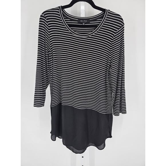 BLEU Womens Sz L Long Sleeve Tunic Length Top Black White Striped Sheer hem - Picture 1 of 4